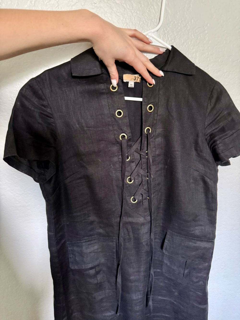 Black Short-Sleeve Lace-Up Dress with Patch Pockets